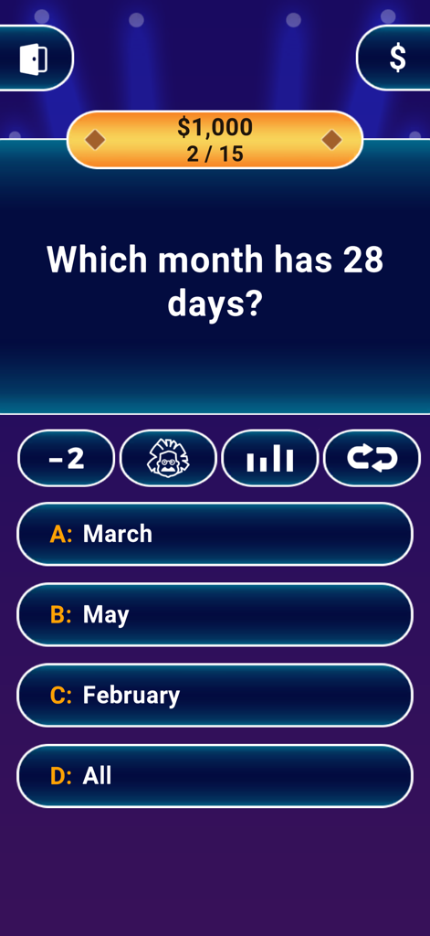 Millionaire trivia game interface showing a general knowledge question with multiple choice options and lifelines