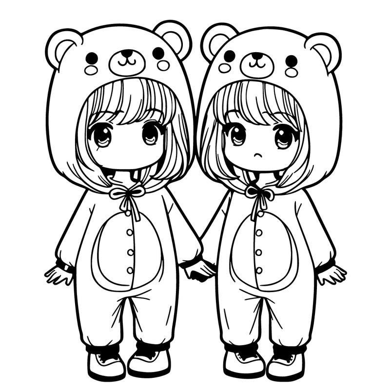 twin sisters dressed up in a teddy bear onesie