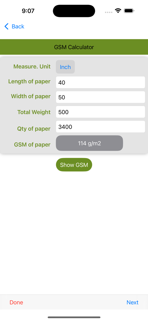 Mobile app interface of the GSM calculator showing input fields for paper dimensions, total weight, and quantity to determine the paper's GSM.