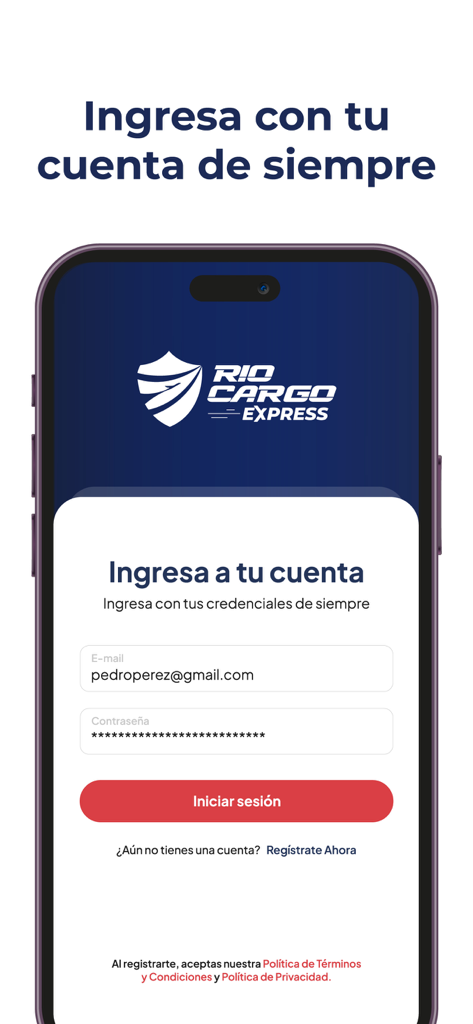 RioCargo Express - Login screen of the RioCargo Express mobile app for international shipping management