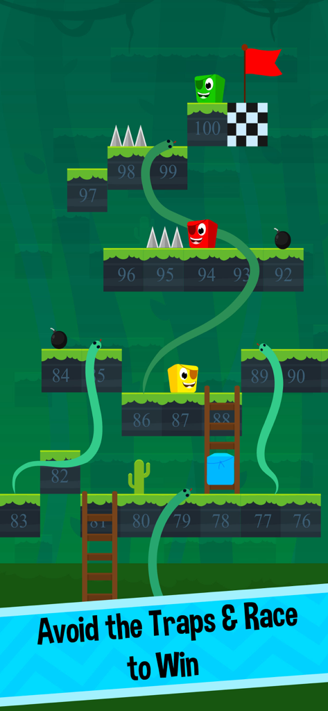 Snakes and Ladders gameplay with platformer levels traps and ladders