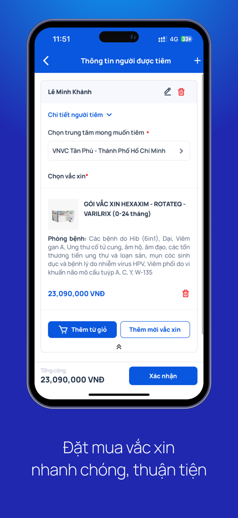 VNVC app screen for selecting a vaccine package and location for a patient