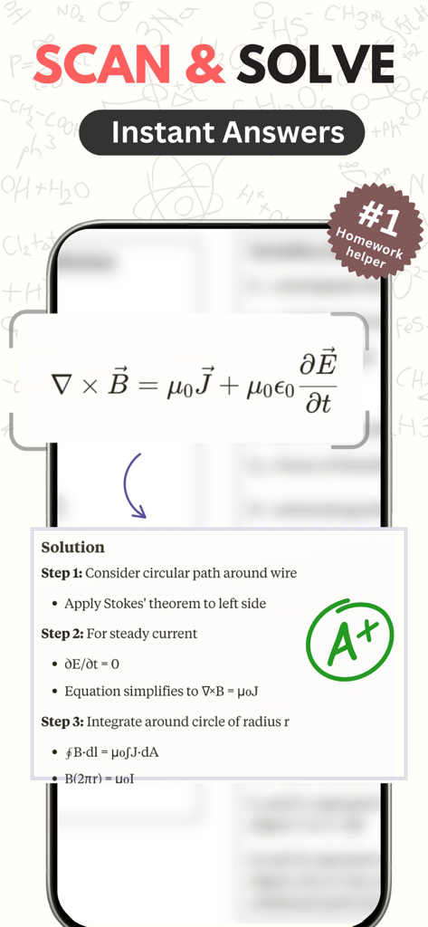 Photo Solve: Homework Helper - Photo Solve app interface showing the Scan and Solve feature with a step by step physics solution
