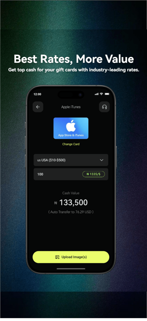 Interface of CardBase X app showing high exchange rates for selling an Apple gift card for Naira