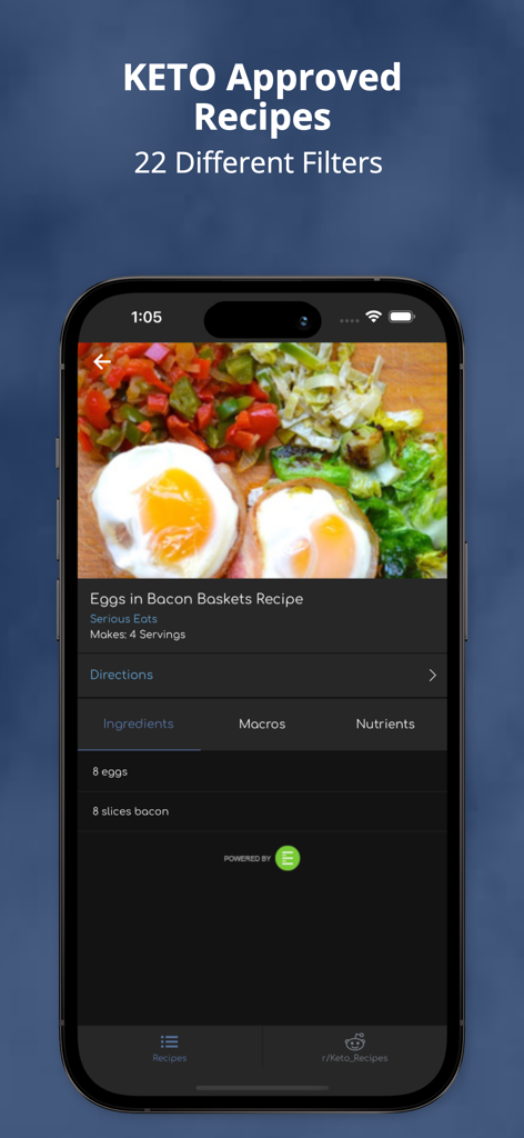 My Keto Low Carb Macro Tracker - Screenshot of the My Keto app showing a recipe for eggs in bacon baskets with macro and nutrient tracking