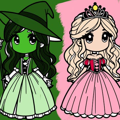 2 girls 1 a witch and 5he other a princess