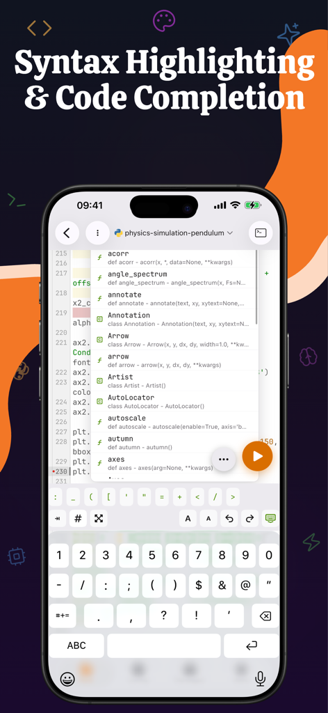 Python - IDE Coding PyNote - PyNote app interface showing mobile Python code editor with syntax highlighting and an autocomplete suggestion menu