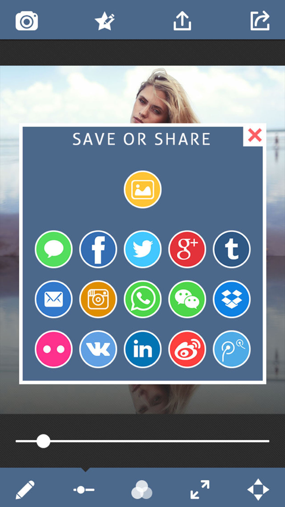 Save and share menu in the Water Effect app showing social media icons for photo export