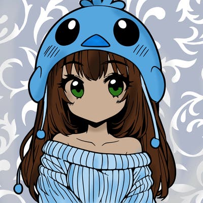 anime girl with chick shaped hat with sweater with bare shoulders with bangs covering them one eye with low tail