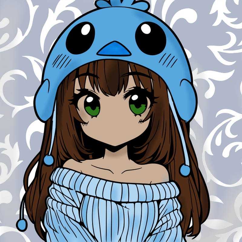 anime girl with chick shaped hat with sweater with bare shoulders with bangs covering them one eye with low tail