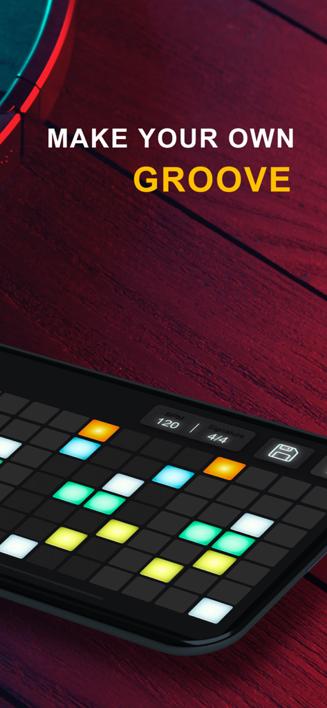 Drum Machine - Beat Groove Pad - Smartphone mostrando el secuenciador por pasos de la app Drum Machine con pads coloridos para crear un groove personalizado.