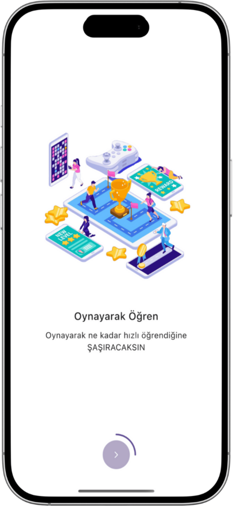 AGS Oyun Akademi Giriş Sınavı - Pantalla de incorporación de la aplicación AGS Academy que muestra ilustraciones de funciones de aprendizaje gamificadas y recompensas