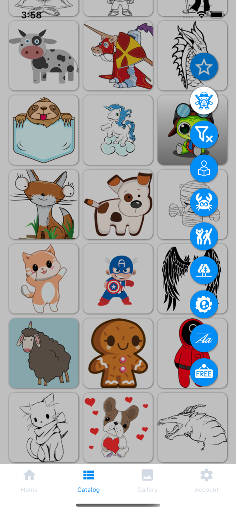 Tracing projector & Lightbox - Catalog screen of the Tracing Projector app showing a grid of various drawing templates including animals and superheroes.