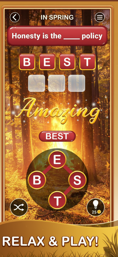 Word Trip - Word Puzzles Games - Word Trip gameplay showing a completed word puzzle with a relaxing forest background