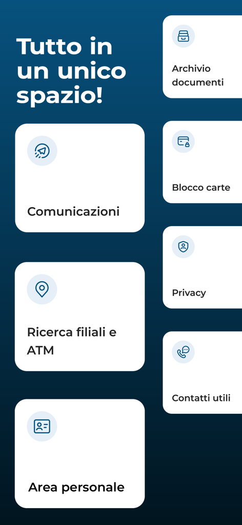 Main menu screen of the SCRIGNObps mobile banking app showing tiles for communications, branch search, personal area, and card management.