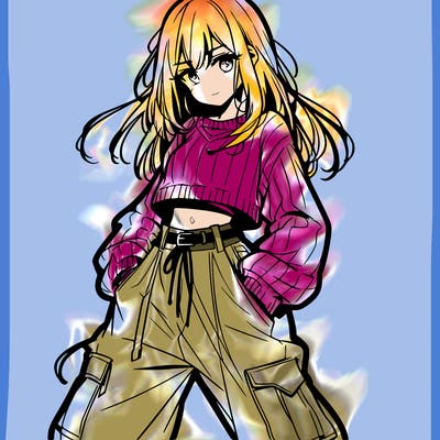 anime teen girl with baggy pants and crop top with sweater