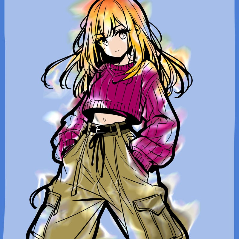 anime teen girl with baggy pants and crop top with sweater