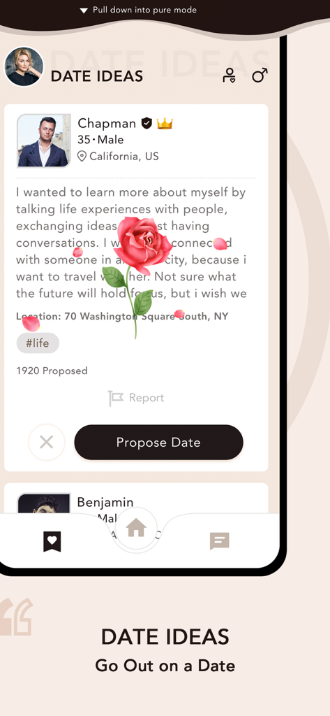 Interface of the Elite League dating app showing the Date Ideas feature with a professional male profile and a Propose Date button.