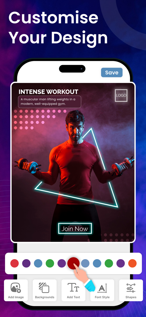 AI Poster Maker & Flyer Design - Mobile app interface showing customization tools for a fitness poster design