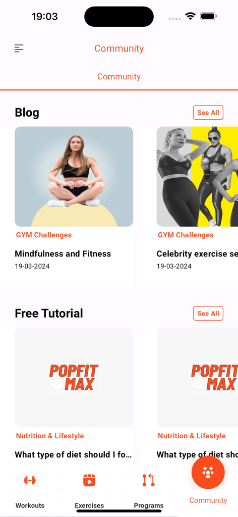 PopFit Max app community interface featuring fitness blog posts and lifestyle tutorials