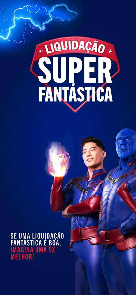 Banner promocional para a Super Promoção Fantástica Casas Bahia com personagens em trajes de super-heróis