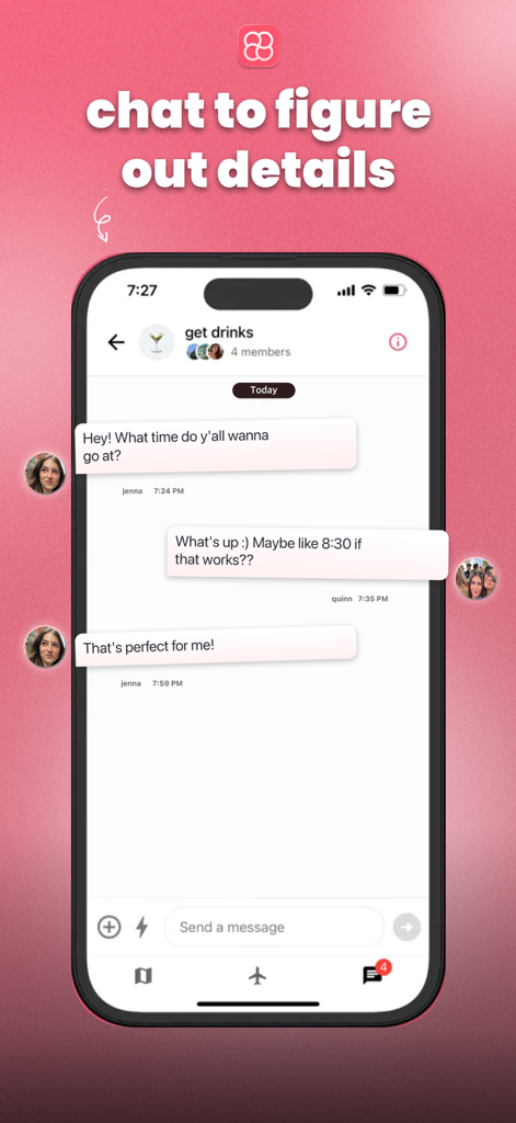 nomadtable: travel friends - In-app group chat on Nomadtable showing solo travelers coordinating a time to meet for drinks.