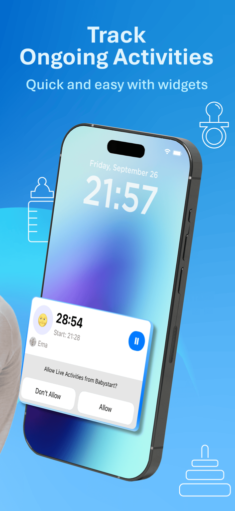 Babystart – Baby Tracker & Log - Babystart App zeigt ein Live-Aktivitäten-Widget zur Verfolgung von Babyroutinen auf dem Sperrbildschirm eines iPhones