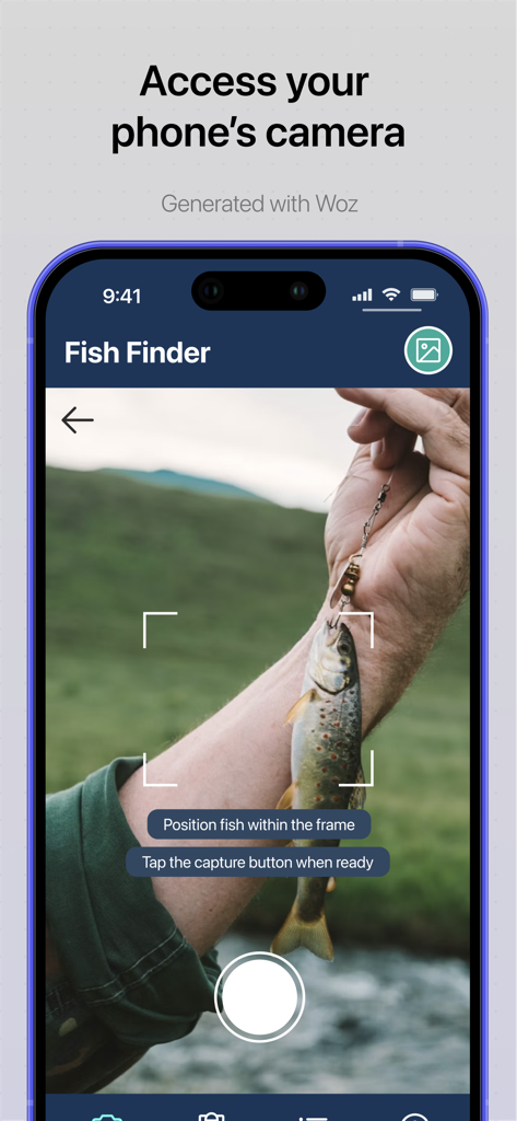 Woz - App Builder - Screenshot of a custom Fish Finder app built with Woz showing smartphone camera integration and object framing