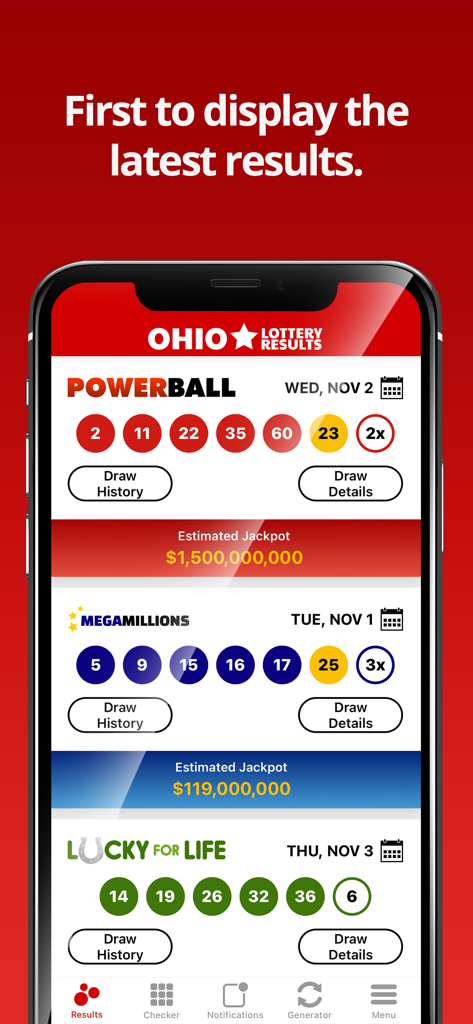 Mobile app screen showing Ohio lottery winning numbers for Powerball and Mega Millions
