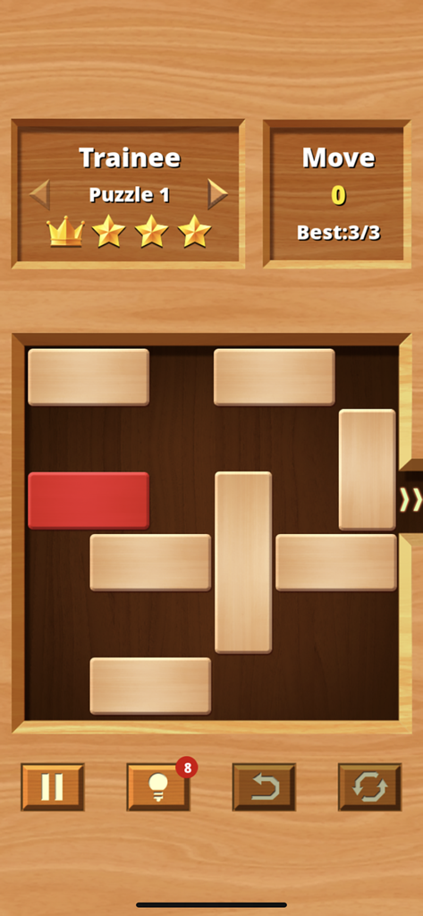 Um jogo de quebra-cabeça de blocos deslizantes de madeira com um bloco vermelho e várias barras de madeira em um fundo de grão de madeira