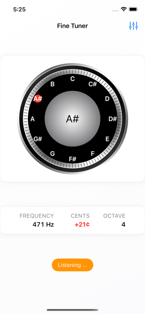 Fine Tuner - Digital chromatic tuner interface showing real-time pitch detection for A sharp at 471 Hz