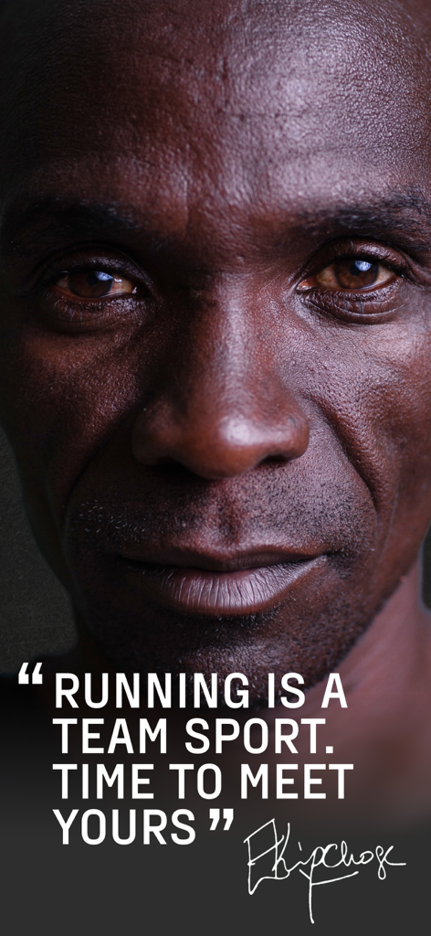 Portrait of marathon legend Eliud Kipchoge with an inspirational quote about team running