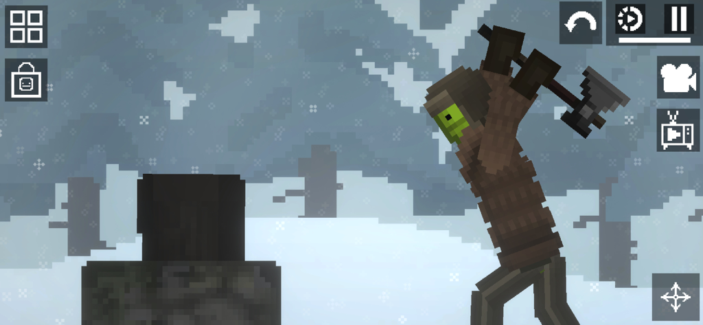 A pixelated green melon character swinging a heavy hammer in a snowy landscape within the Melon Sandbox game.
