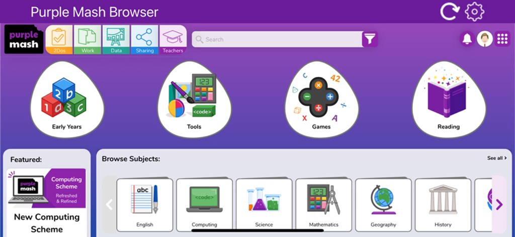 Purple Mash Browser - Purple Mash Browser dashboard showing educational icons for early years, tools, games, reading, and school subjects.
