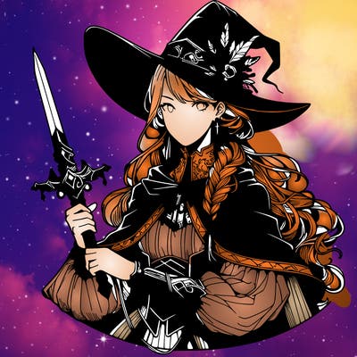 a realistic fantasy manga queen witch with a sword