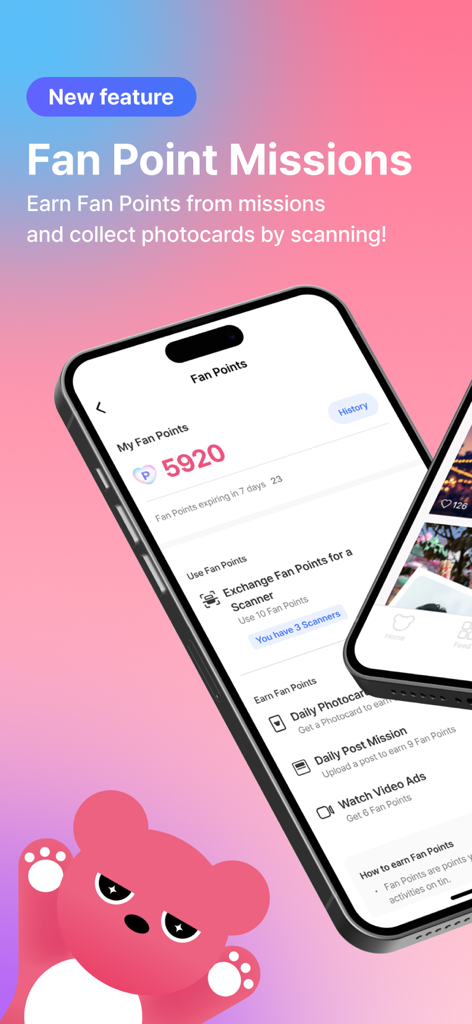 Captura de pantalla de la app tin Kpop Photocards mostrando la interfaz de Misiones de Puntos de Fan para ganar puntos