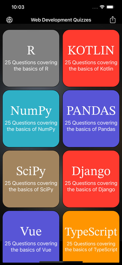 Web Development Languages Quiz - A list of coding quiz topics like Kotlin, Django, and TypeScript in a mobile app.