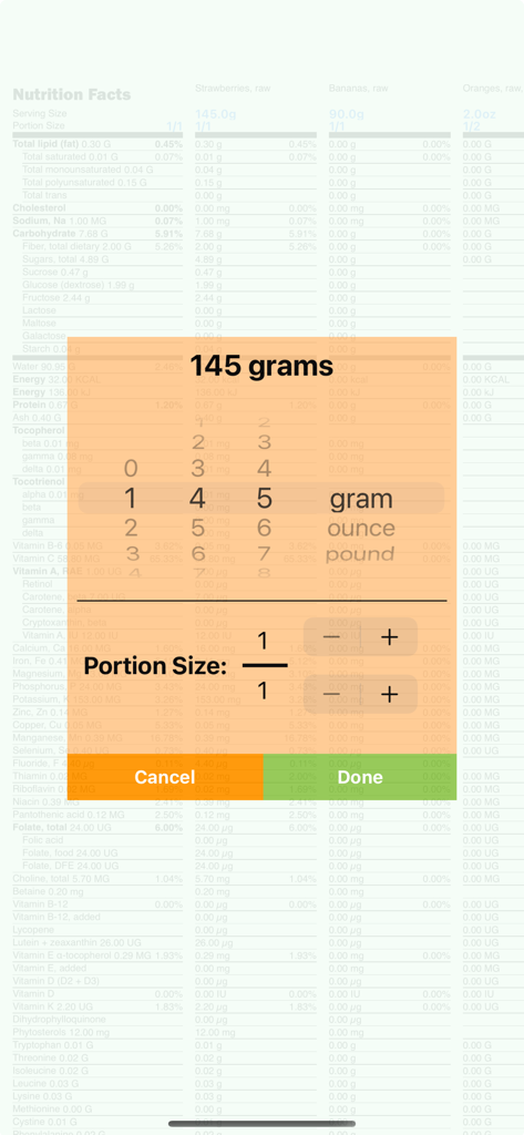 Nutrition Facts Maker - Adjusting food serving size and portion weight in grams within the app interface