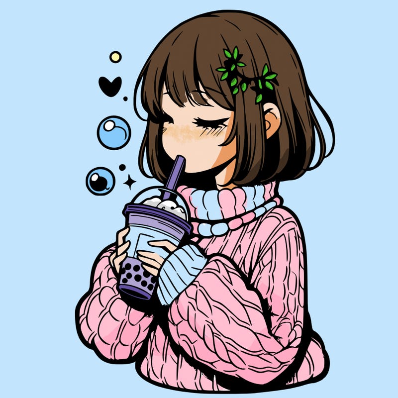 manga girl drinking boba in cozy sweater