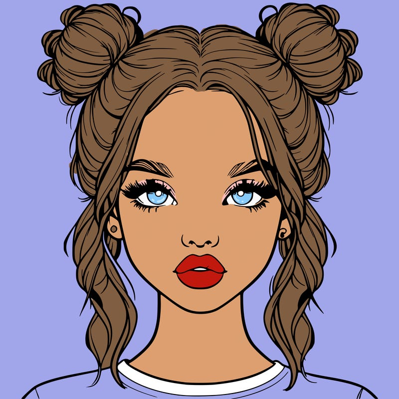 realistic girl with two buns in hair and lips