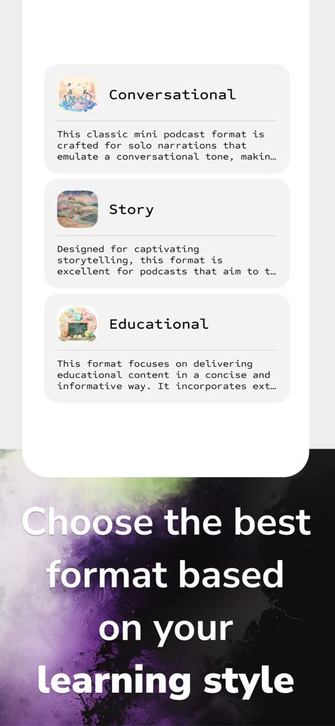 Poddle - AI podcast lessons - Poddle app interface showing conversational story and educational podcast formats for different learning styles