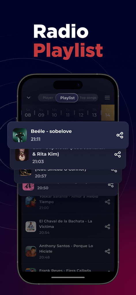 Dominican Radio Live FM & AM - Dominican Radio Live app playlist screen showing recently played Bachata and Latin music tracks