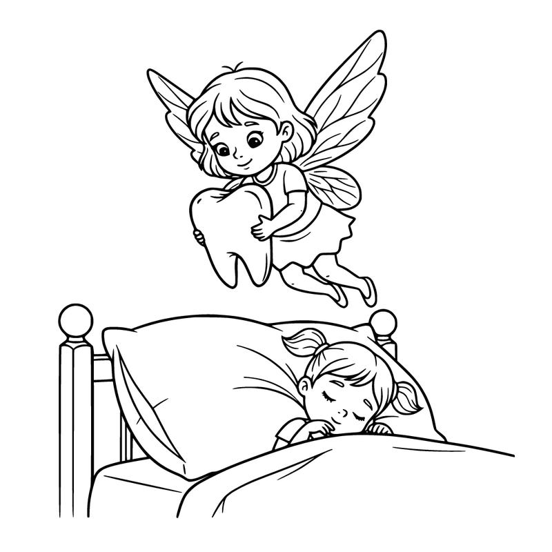 tooth fairy holding tooth, near someone’s pillow, little girl sleeping,