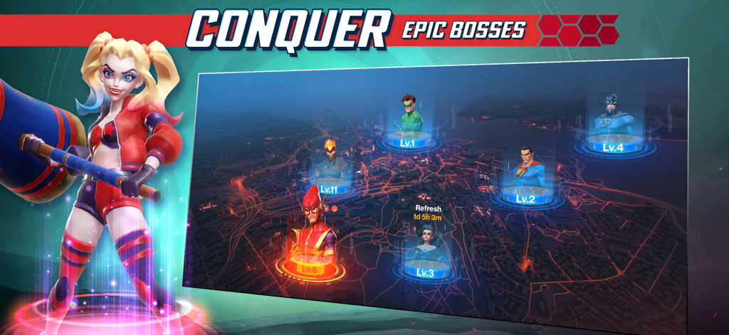 DC Worlds Collide Strategy RPG - Harley Quinn de pie junto a un mapa táctico de la ciudad que muestra jefes y niveles de héroes de DC en DC Worlds Collide Strategy RPG