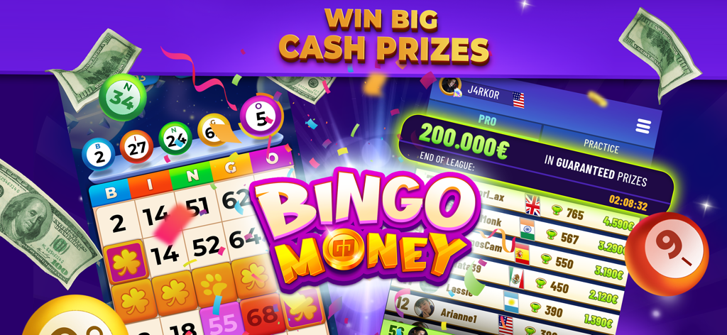 Banner promocional para la aplicación Bingo Money con premios en efectivo y una tabla de clasificación de liga