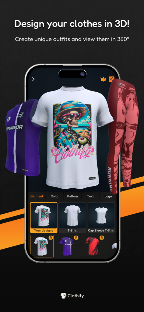 Clothify - Diseña ropa en 3D - Interfaz de la aplicación móvil Clothify para diseñar ropa y prendas 3D personalizadas