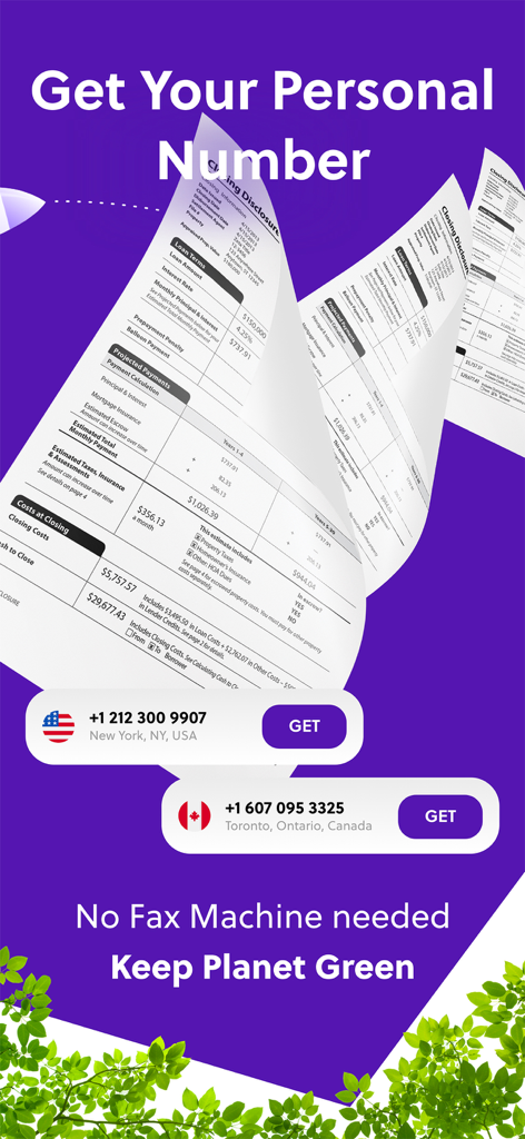 Mobile fax app screen showing personal number selection for USA and Canada