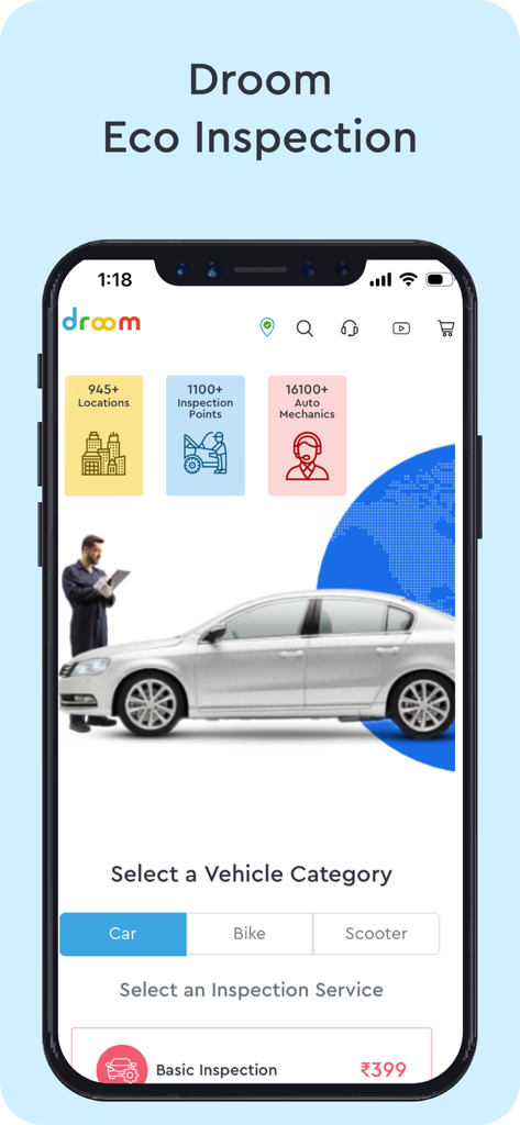 Droom: Buy Used Cars & Bikes - Capture d'écran de l'application mobile Droom affichant le service d'inspection écologique pour les voitures, motos et scooters d'occasion.
