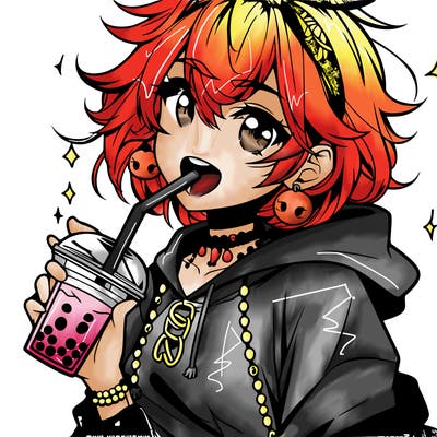 hot baddie anime girl drinking boba and biting the straw
