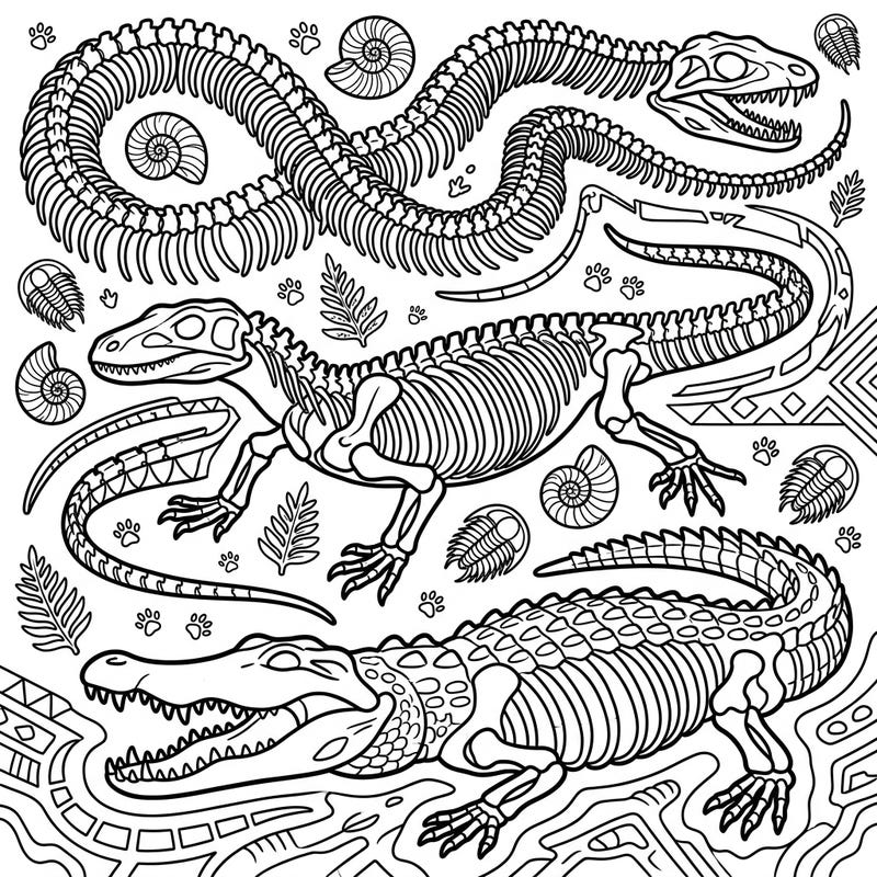 Dive into the fascinating world of prehistoric reptiles with this engaging coloring page designed specifically for seniors. Featuring large, clear outlines of snake, dinosaur, and crocodile skeletons, it offers a relaxing and stimulating creative activity.